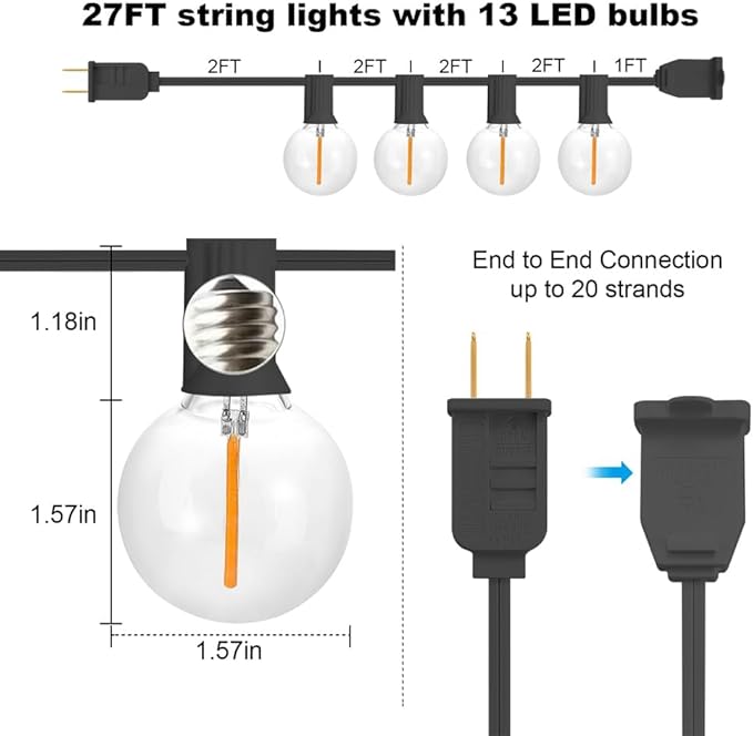 SUNTHIN Globe Outdoor String Lights, 27FT Patio Lights with 14 G40 Shatterproof LED Bulbs(1 Spare), Waterproof Hanging Lights String for Outside Backyard, Porch, Deck, Party, Garden