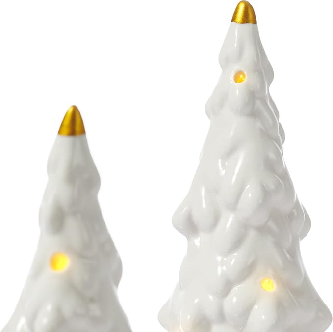 DN DECONATION Ceramic Christmas Tree with Lights, Tabletop Tree Decor for Home, Battery-Operated White Xmas Tree Snow-Covered Set of 2 for Christmas Mantel Table Centerpiece Decorations