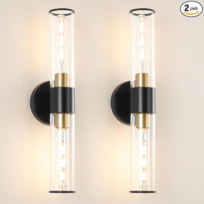 Black and Gold Bathroom Wall Sconces, Hardwired Sconce Wall Decor Set of 2, Modern Wall Sconce with Clear Glass, Bathroom Sconces over Mirror, Wall Light Fixtures for Hallway, Bedroom (Bulbs Required)