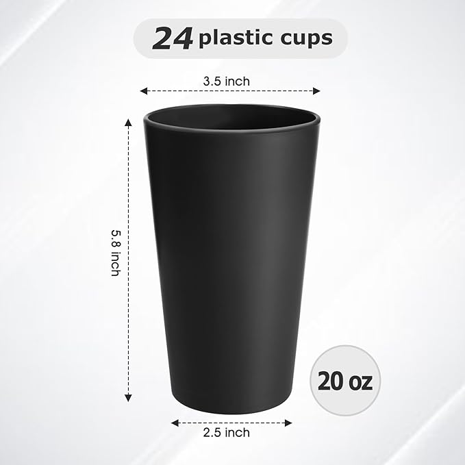 24 Pcs Unbreakable Plastic Cups Set, 20 oz Reusable Plastic Cups, Stackable Water Tumblers, Drinking Cup for Kitchen, Outdoor, BPA-free, Dishwasher Refrigerator and Microwave Safe, Black