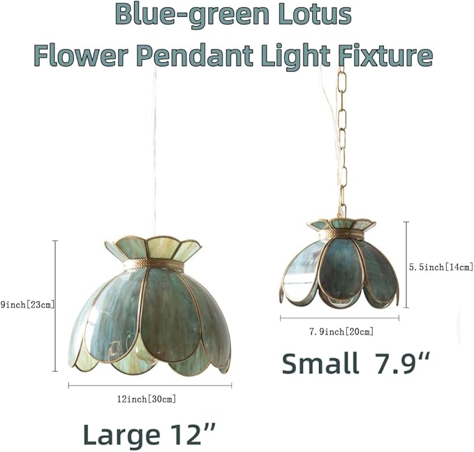 Yifi Mini Lotus Pendant Light Fixture, Vintage Brass Ceiling Pendant Lighting, Lotus Flower Glass Hanging Lamp for Kitchen Island, Dining Room, Living Room, Entryway, Shops, Mixing Blue Green
