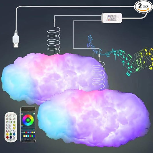 2PCS 3D Big Cloud lightning Light Kit Music Sync Warm Multicolor lightning Changing Strip Lights 360 Degree Wireless Remote APP NO DIY Coolest Decorations for Adults and Kids Indoor Home Bedroom