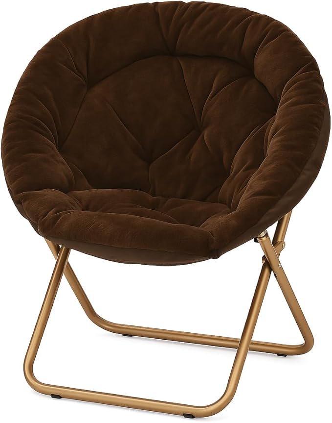 Magshion Saucer Chair for Adults, Comfy Living Room Lounge Chair for Bedroom Corner, Dorm, Apartment, Faux Fur Fluffy Circle Accent Seat with Thick Padded & Folding Metal Frame (Brown)