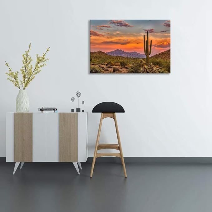 Sunset in the Sonoran Desert Wall Art for Living Room Bedroom Bathroom Home Decorations Cactus Picture Poster Canvas Prints Desert Artwork Framed Ready to Hang(18''H x 24''W)