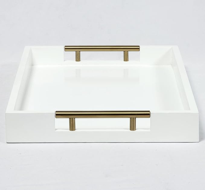 Serving Tray with Polished Metal Handles, 16.5''x12'' Rectangle Coffee Table Tray, Modern Decorative Tray, Large Ottoman Tray, Perfect for Storage and Display (White)