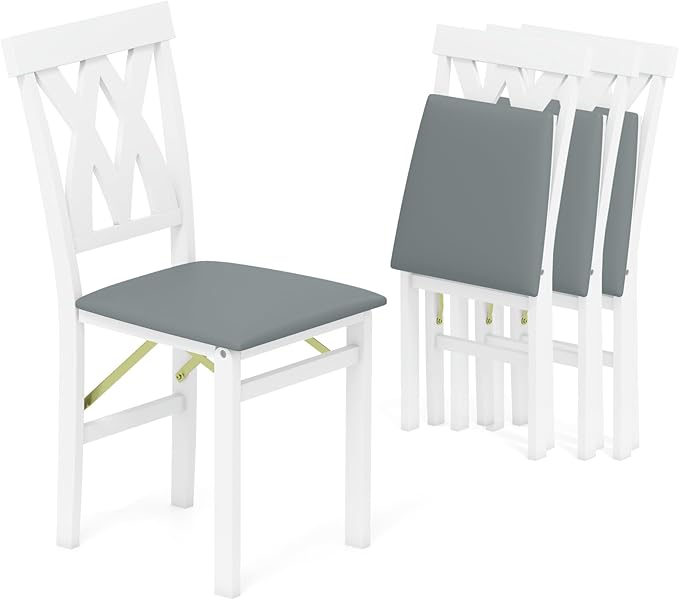 GOFLAME Folding Dining Chairs Set of 4, Foldable Kitchen Chairs with PVC Leather Padded Seat and Rubber Wood Frame, Elegant Hollowed Backrest, Wooden Dinner Chair Set for Dining Room, White