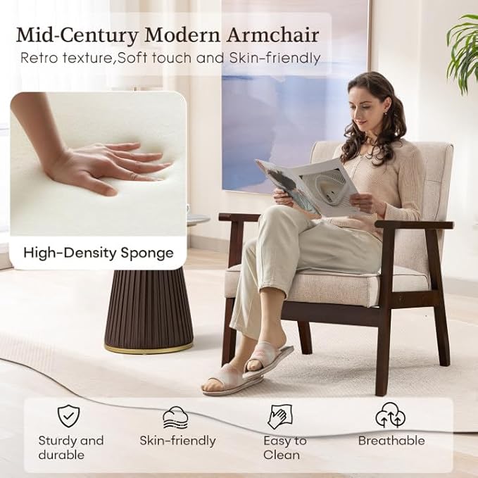 Bonzy Home Fabric Mid-Century Modern Accent Chair Set of 2, Upholstered Armchair with Solid Wood Frame, Reading Chair for Living Room, Bedroom