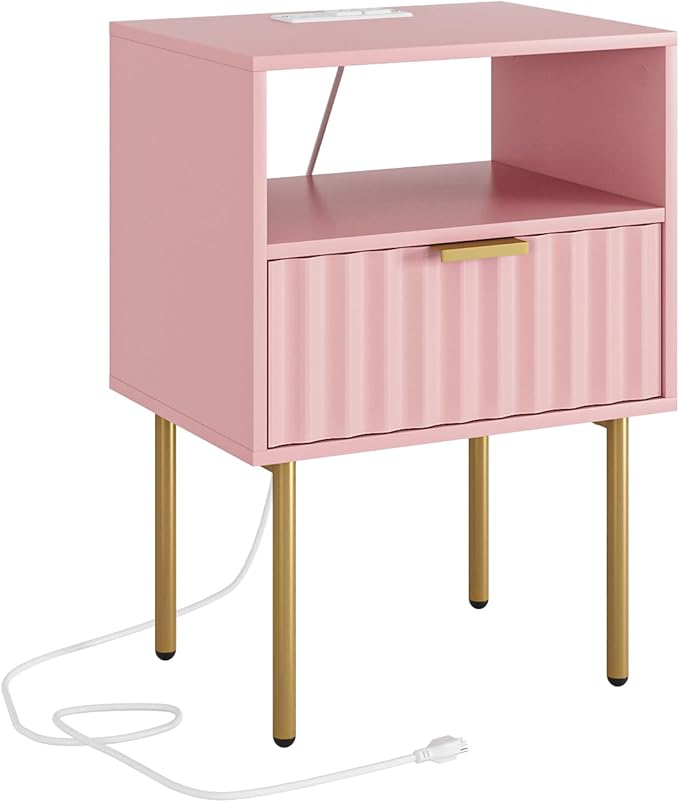 Masupu Nightstand with Charging Station,Mid-Century Modern Bedside Table with Storage Drawer and Open Wood Shelf,Small Gold Frame Side Table for Bedroom,Living Room (Pink Fluted)