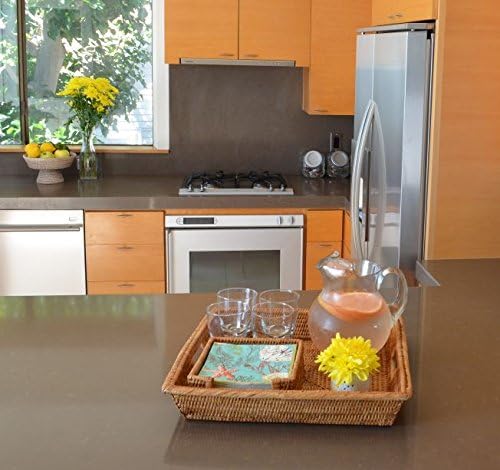 KOUBOO La Jolla Rattan Square Serving Baskets & Trays -Table Tray, Organize Your Home, Storage Tray for Kitchen, Dining & Coffee Tables, Honey Brown, 17.5" x 17.5" x 2.75"