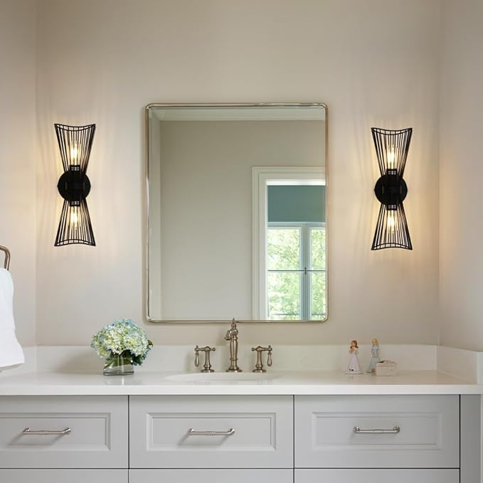 Black 2-Light Vanity Wall Sconce Farmhouse Light Fixtures Over Mirror,Modern Up and Down Sconces Wall Light Hardwired Wall Lamp for Hallway Bedroom Kitchen Bathroom