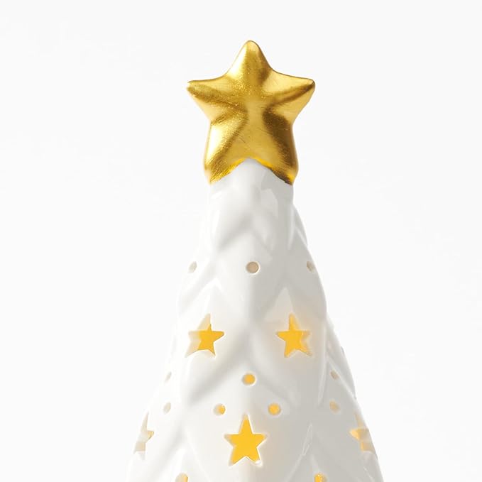 DN Decoration White Ceramic Christmas Tree with Lights, 2Pcs Prelit Tabletop Xmas Decor with Star Cutouts, Battery-Operated LED Trees for Christmas Village, Office, Front Porch Holiday Centerpieces