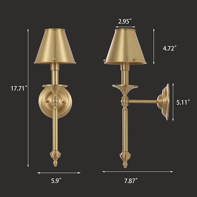 Brass Wall Sconce Modern Gold Bathroom Wall Lighting Vanity Light Fixtures Solid Copper Shade Industrial Wall Mount Lights for Bedroom Living Room E12 1-Light