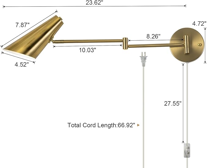 Plug in Wall Sconce Set of 2, Brass Swing Arms Wall Light Plug-in Wall Lamp for Bedroom Living Room Wall Lamp