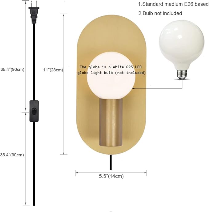 Modern Wall Sconce Plug in Gold Mid-Century Sconces Wall Lighting Cord with On Off Switch Brushed Stainless Steel Sconces Wall Mounted Lighting Fixture for Bedroom Living Room Bathroom