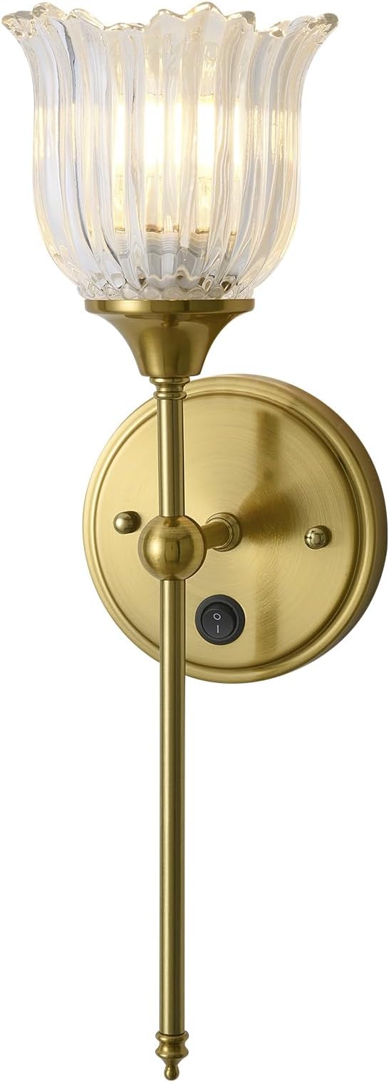 Modern Wall Sconces with Clear Flower Glass Shade 1 Pack, Mid Century Bathroom Vanity Wall Light Fixtures Gold Vintage Wall Lights with Switch for Mirror Bedroom Living Room