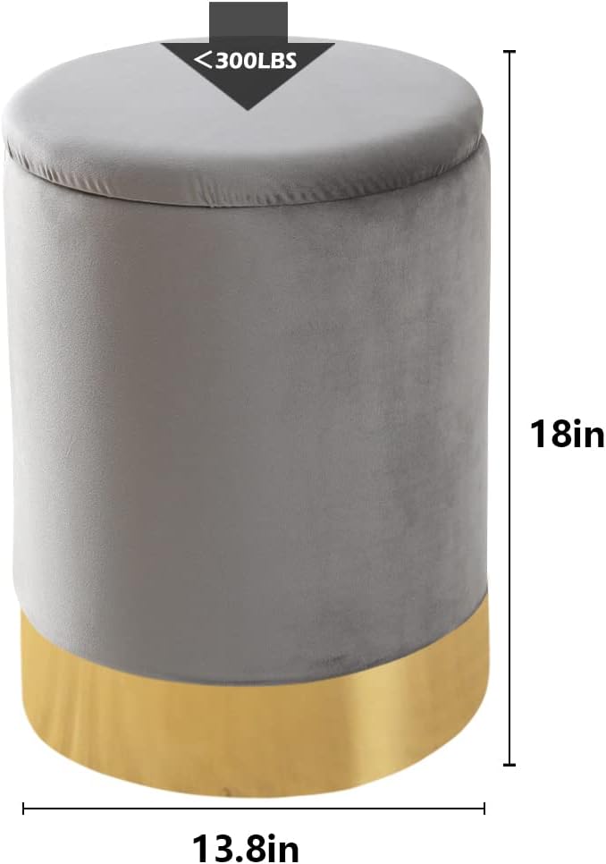 Mxfurhawa Velvet Storage Ottoman Multipurpose Footrest Stool with Metal Base Modern Round Vanity Stool Chair Ottoman Foot Stools Support 300 lbs Padded Seat for Living Room (Grey (Velvet))