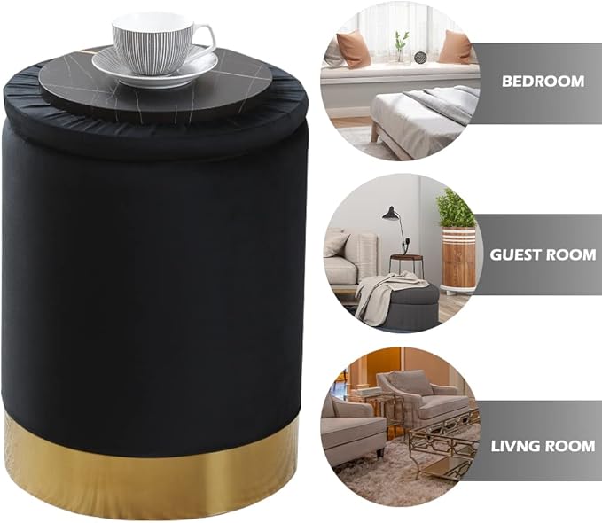 Mxfurhawa Velvet Storage Ottoman Multipurpose Footrest Stool with Metal Base Modern Round Vanity Stool Chair Ottoman Foot Stools Support 300 lbs Padded Seat for Living Room (Black (Velvet))