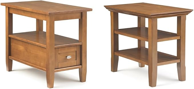 SIMPLIHOME 14" Solid Wood Narrow Side Tables with Storage - 1 Drawer & Shelf in Light Golden Brown and 2 Shelves in Light Golden Brown