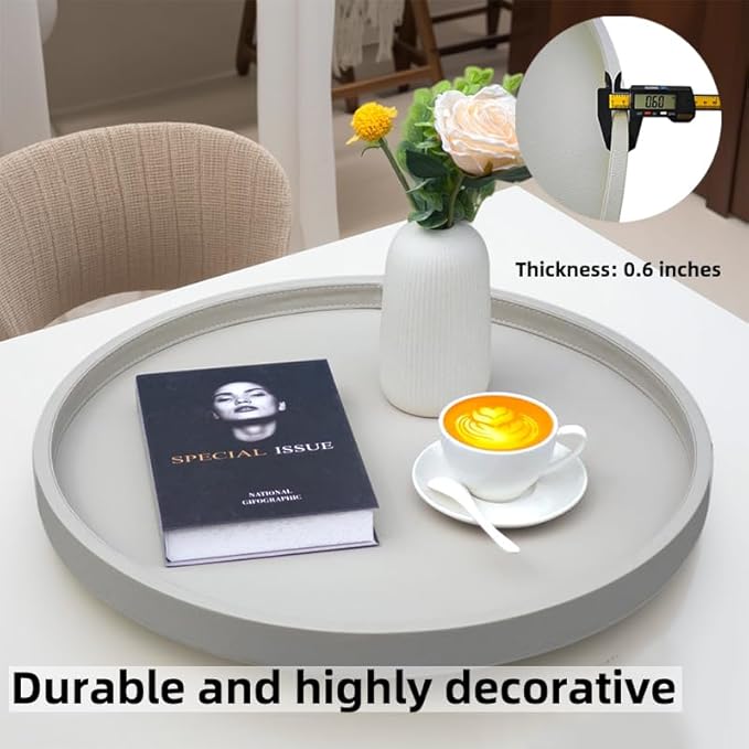 20-inch Round Ottoman Serving Tray - Textured PU Leather Coffee Table Decor, Waterproof Heat-Resistant Large Organizer for Home, Office, Bed & Party Essentials (Tranquil Beige, 20in)
