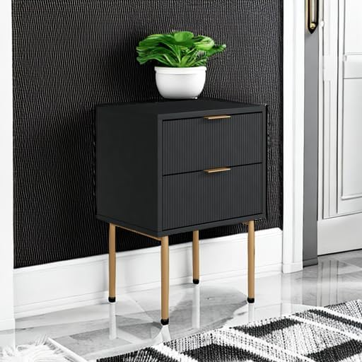 Masupu Nightstand,Mid-Century Modern Bedside Table with 2 Storage Drawer,Small Gold Frame Side End Table for Bedroom,Living Room, Black