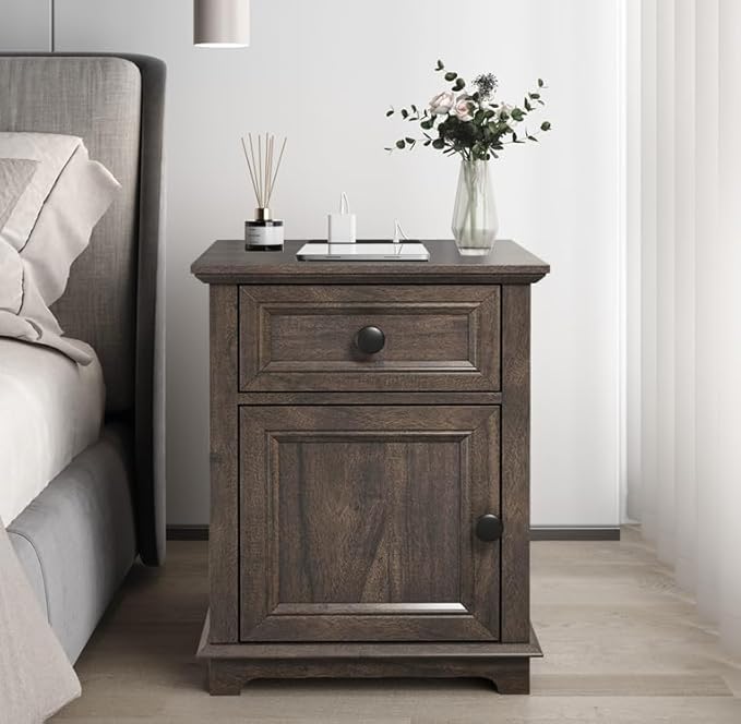 24" End Table with Fast Charging Station, Side Table with Drawer, Adjustable Shelf & Large Storage Cabinet, Vintage Wooden Nightstand for Living Room/Bedroom, Rustic Brown