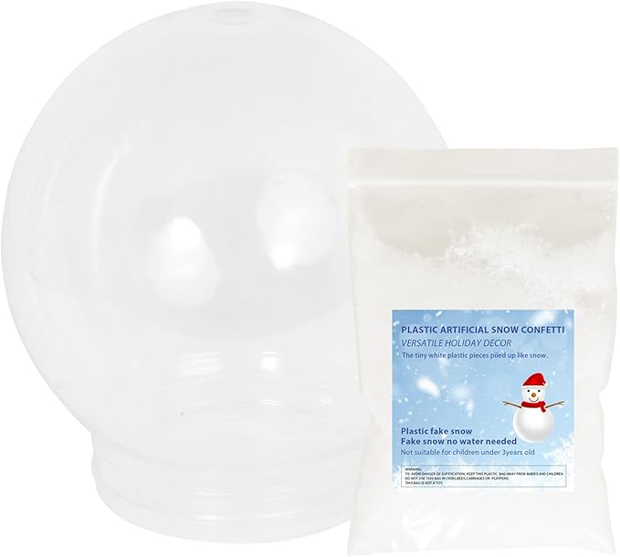 Fake Snow Globe Container DIY Kit- Artificial Snow Confetti 2oz & 5.2in Large Snow Globe Empty Clear Plastic, Christmas Holiday Miniatures Decorating Crafts Supplies for Snow Flakes Winter Wonderland