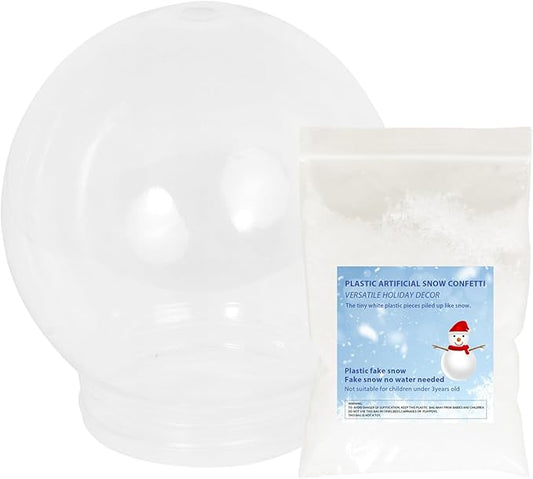 Fake Snow Globe Container DIY Kit- Artificial Snow Confetti 2oz & 5.2in Large Snow Globe Empty Clear Plastic, Christmas Holiday Miniatures Decorating Crafts Supplies for Snow Flakes Winter Wonderland