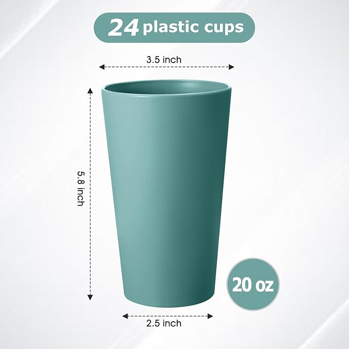 24 Pcs Unbreakable Plastic Cups Set, 20 oz Reusable Plastic Cups, Stackable Water Tumblers, Drinking Cup for Kitchen, Outdoor, BPA-free, Dishwasher Refrigerator and Microwave Safe, Dark Green