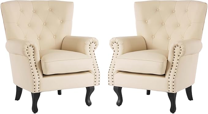 MOJAY PU Leather Accent Chair Set of 2, Modern Armchair Living Room Chair, Upholstered Club Chair with Rivet Trim, Mid-Century Sofa Chair with Sturdy Wood Legs for Bedroom (Ivory White)