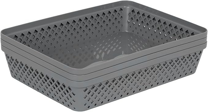 Glad Plastic Storage Basket Set - Multipurpose Drawer Trays, Kitchen Pantry Containers, and Bathroom Bins - 3 Pack Large Organizers, Grey