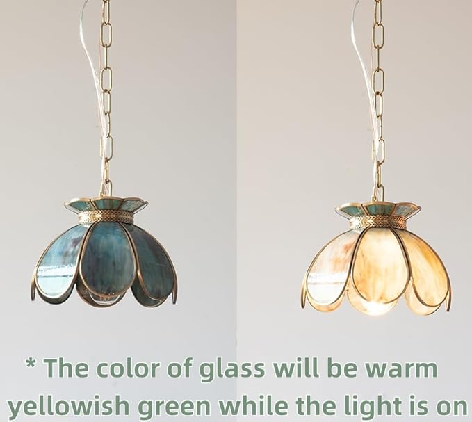 Yifi Mini Lotus Pendant Light Fixture, Vintage Brass Ceiling Pendant Lighting, Lotus Flower Glass Hanging Lamp for Kitchen Island, Dining Room, Living Room, Entryway, Shops, Mixing Blue Green