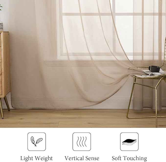 MIULEE 2 Panels Solid Color Sheer Window Curtains Elegant Window Voile Panels/Drapes/Treatment for Bedroom Living Room (54X63 Inches Brown)