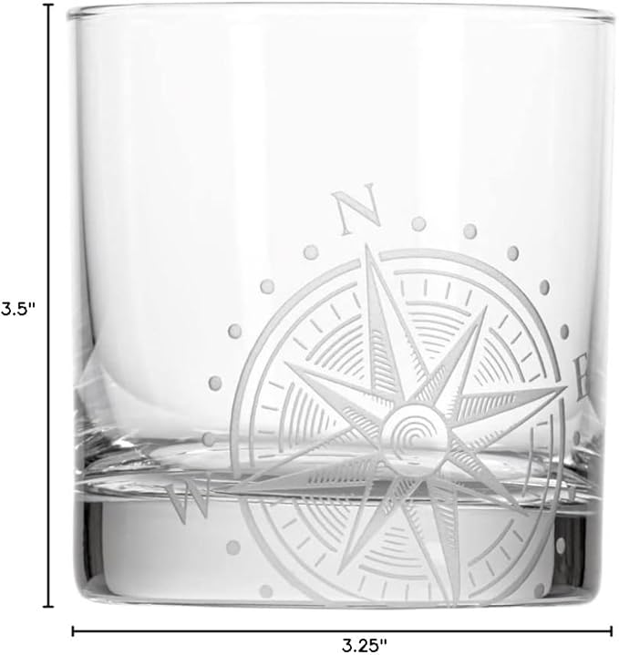 Rolf Glass Compass Star On the Rocks Glass 10 ounce | Set of 4 | Lead-Free Glass | Nautical Themed Glassware | Stylish Drinkware for Home Bar and Parties | Made in the USA