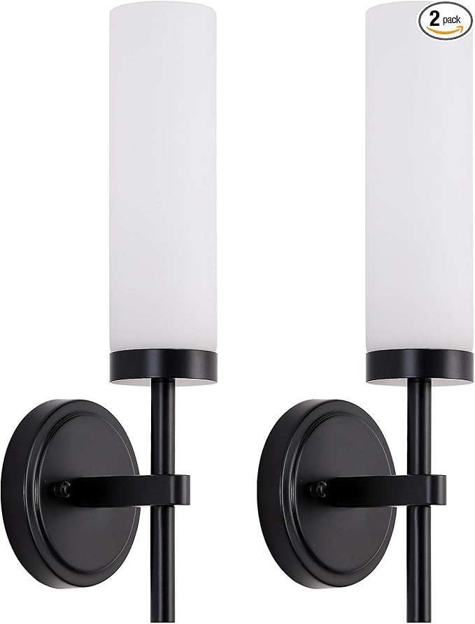 Black Bathroom Wall Sconces Set of 2, Modern Sconces Wall Lighting Vanity Lights with Opal White Glass Shade, Farmhouse Wall Mount Lamp for Mirror Living Room Bedroom Hallway Kitchen Stairs