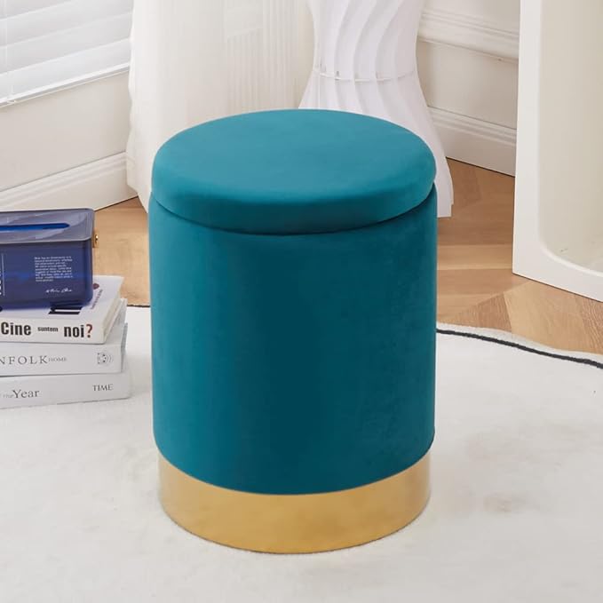 Mxfurhawa Velvet Storage Ottoman Multipurpose Footrest Stool with Metal Base Modern Round Vanity Stool Chair Ottoman Foot Stools Support 300 lbs Padded Seat for Living Room (Blue Green)