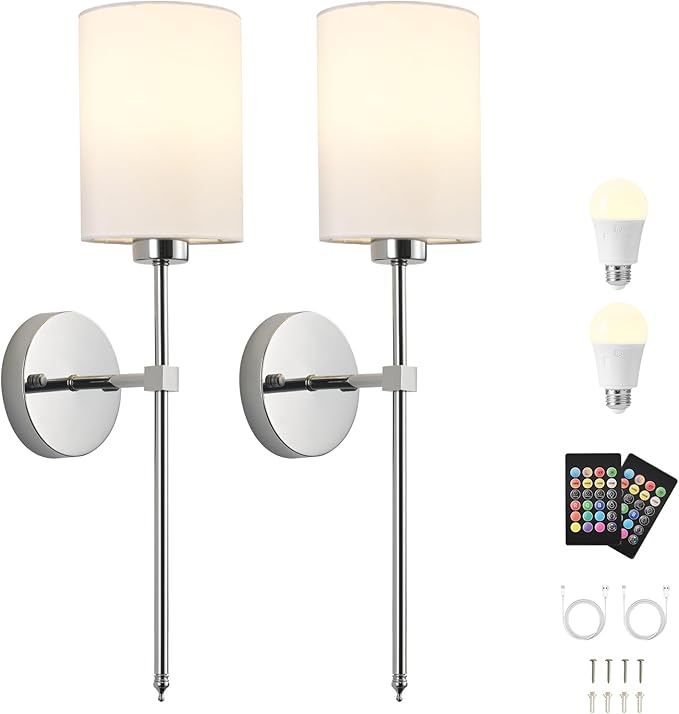 Battery Operated Wall Sconce Set of Two,Wireless Rechargeable Wall Light With Remote Control, Dimmable, 1800K/3000K/4000K/6000K/RGB, Timer, for Living Room, Bedroom, Fireplace, TV, 26.8 Inch, Chrome