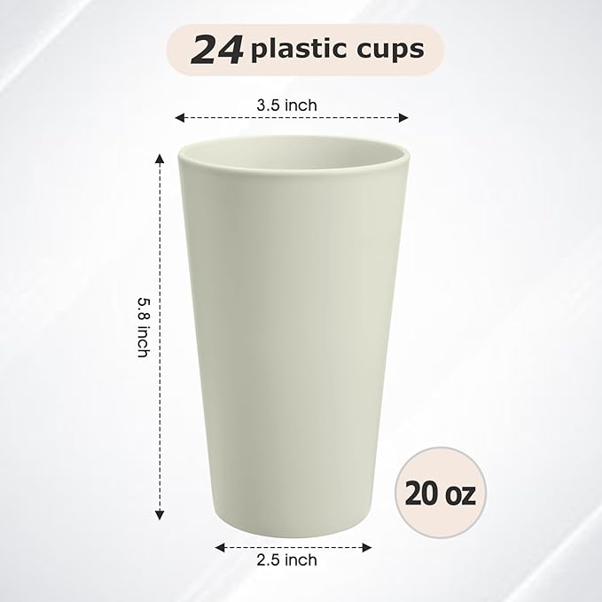 24 Pcs Unbreakable Plastic Cups Set, 20 oz Reusable Plastic Cups, Stackable Water Tumblers, Drinking Cup for Kitchen, Outdoor, BPA-free, Dishwasher Refrigerator and Microwave Safe, Beige