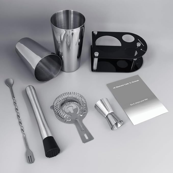 5 Piece Cocktail Shaker Bartender Kit: 750/600ml(25/20oz) Cocktail Shaker Set with Stand, Drink Mixing Includes Martini Shaker,Strainer,Jigger,Bar Mixer Spoon,Muddler Bar Tool Set (Silver)