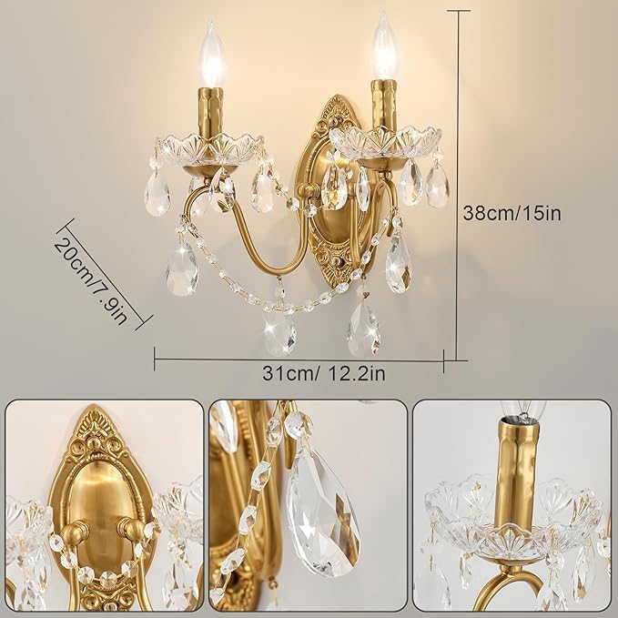 Crystal Wall Sconce, Gold Wall Sconces, Gold Sconces Wall Set of 2, for Living Room, Bedroom, Bathroom,Vanity