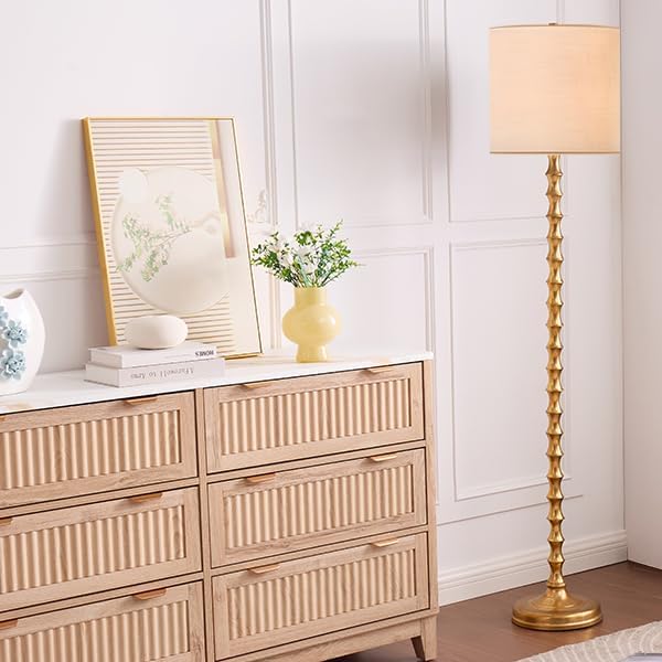 LED Floor Lamp 3-Way Dimmable Farmhouse Standing Lamp Heavy Base Floor Lamp with White Linen Lampshade Tall Pole Reading Lamp Corner Light for Living Room Bedroom Study Room (Black)