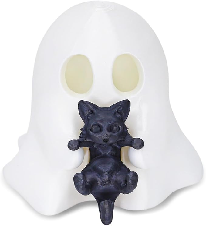 1 Pcs Halloween Ghost Figurine Cute Desktop Ornament Cute Cartoon Little Ghost Hugging Kitten Designs 3D Printing Spooky Halloween Statue for Home Offince Art Display Decor Suppies