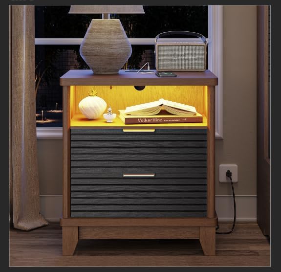 AOGLLATI Fluted Night Stand with Charging Station and 2 Drawers, Black Nightstands Beside Table with Open Storage and Led Lights,Retro End Side Table for Bedroom (1, Black)
