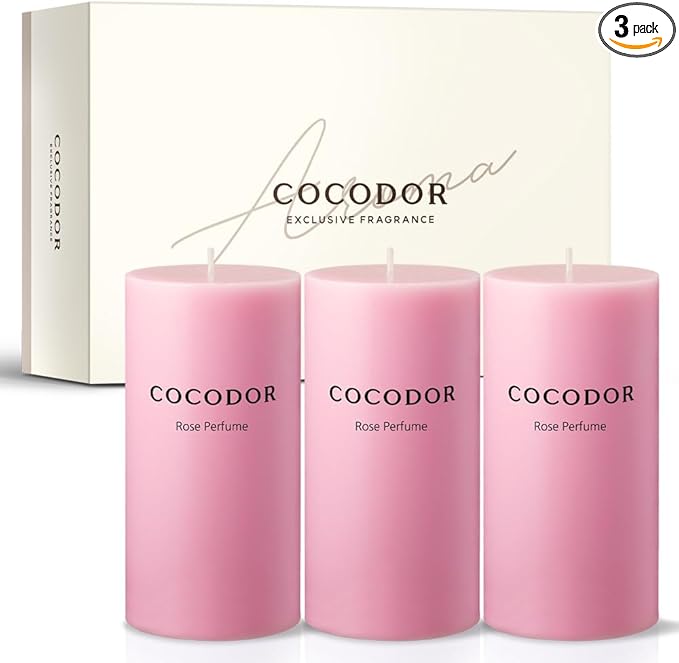 COCODOR Scented Pillar Candles, 3x6 Inch, Rose Perfume, Candle Set of 3, Long Buring 85 Hours, Candles for Weddings, Party, Dinner, Home Decor.