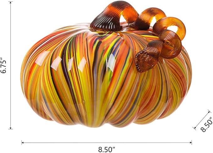 Glitzhome Hand Blown Rainbow Striped Glass Pumpkin Table Accent for Fall & Harvest Thanksgiving Decorating(6.5 Inch)