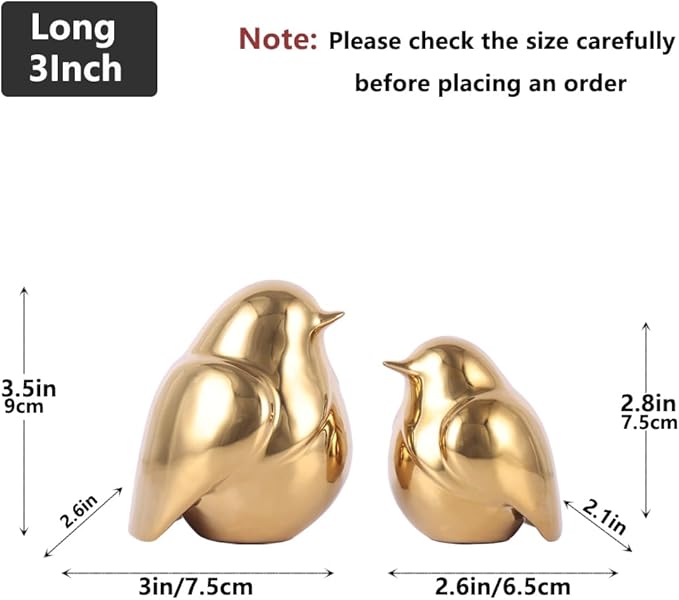 Gold Bird Figurines Set of 2 – Modern Ceramic Birds Sculptures for Shelf Decor, Table Centerpiece, Desk or Mantel Display – Shiny Gold Home Accents for Living Room, Bedroom, Office
