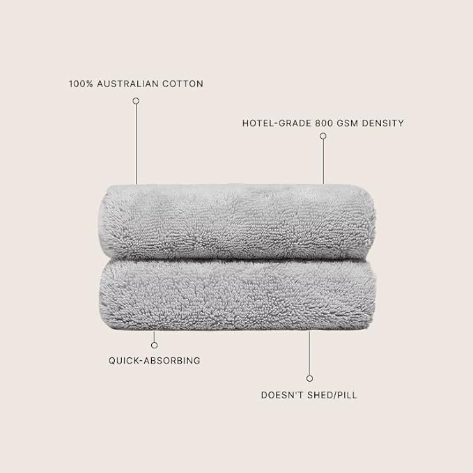 Italic Ultraplush 100% Australian Cotton Hand Towels - Set of 2 Luxury Hand Towels, Ultra Soft and Highly Absorbent 800GSM Towels for Bathroom,Shower, Hotel, and Spa (Light Gray)