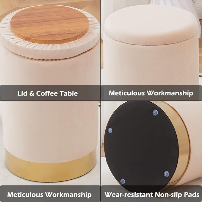 Mxfurhawa Velvet Storage Ottoman Multipurpose Footrest Stool with Metal Base Modern Round Vanity Stool Chair Ottoman Foot Stools Support 300 lbs Padded Seat for Living Room (Champagne)