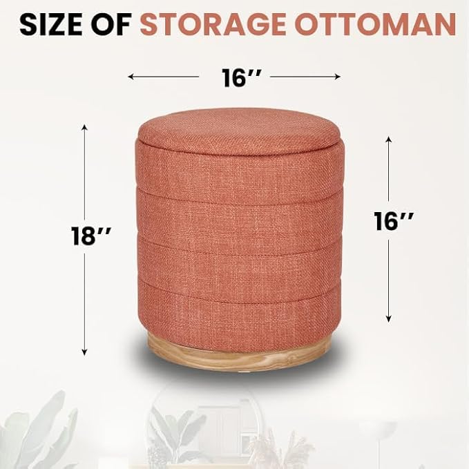 Round Ottoman with Storage โ Elegant Durable Linen Upholstered Footrest Bench for Living Room, Cylinder Vanity Stool โ Coral Orange