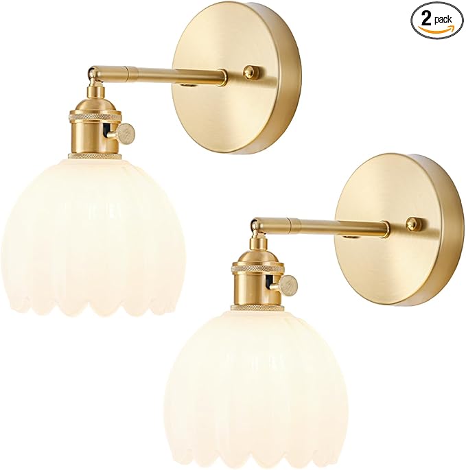 Wall Sconces Set of Two Hardwired, Vintage Sconce Light with Tulip Milk White Glass Lampshade, Bathroom Wall Lights with Switch, Gold Wall Light Sconces Wall Decor Set of 2
