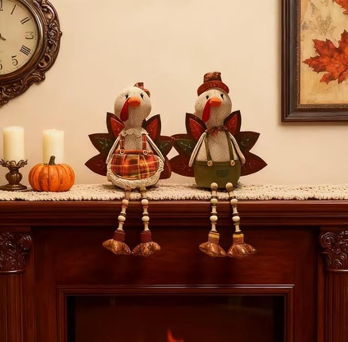 Thanksgiving Tabletop Decoration Stuffed Turkey, 12"*17" Turkey Shelf Sitting,Animals Figurines, Couple Doll Handmade Ornaments Fall Decor for Mantel Fireplace (1SET 2PCS)